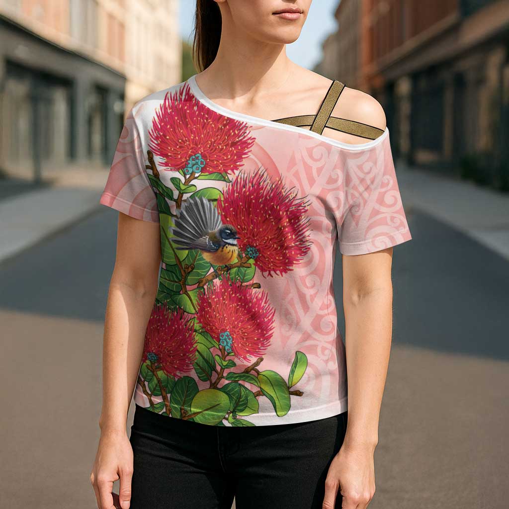 New Zealand Fantail Cross Shoulder Shirt Maori Koru With Pohutukawa Flowers LT05 - Polynesian Pride