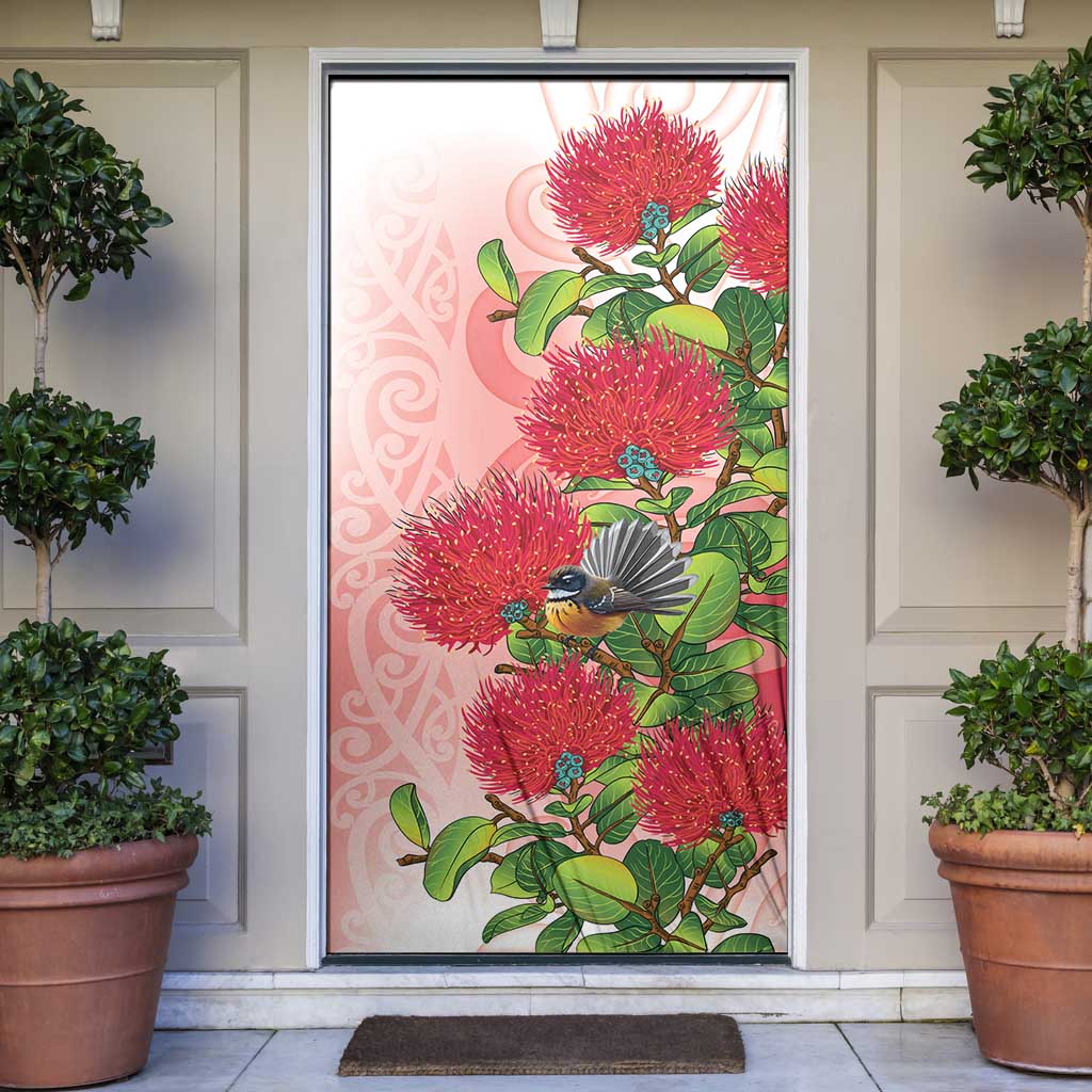 New Zealand Fantail Door Cover Maori Koru With Pohutukawa Flowers LT05 Red - Polynesian Pride
