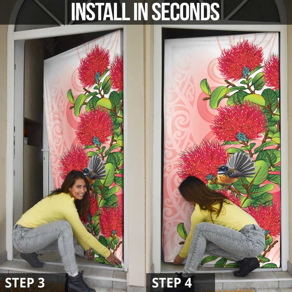 New Zealand Fantail Door Cover Maori Koru With Pohutukawa Flowers LT05 - Polynesian Pride