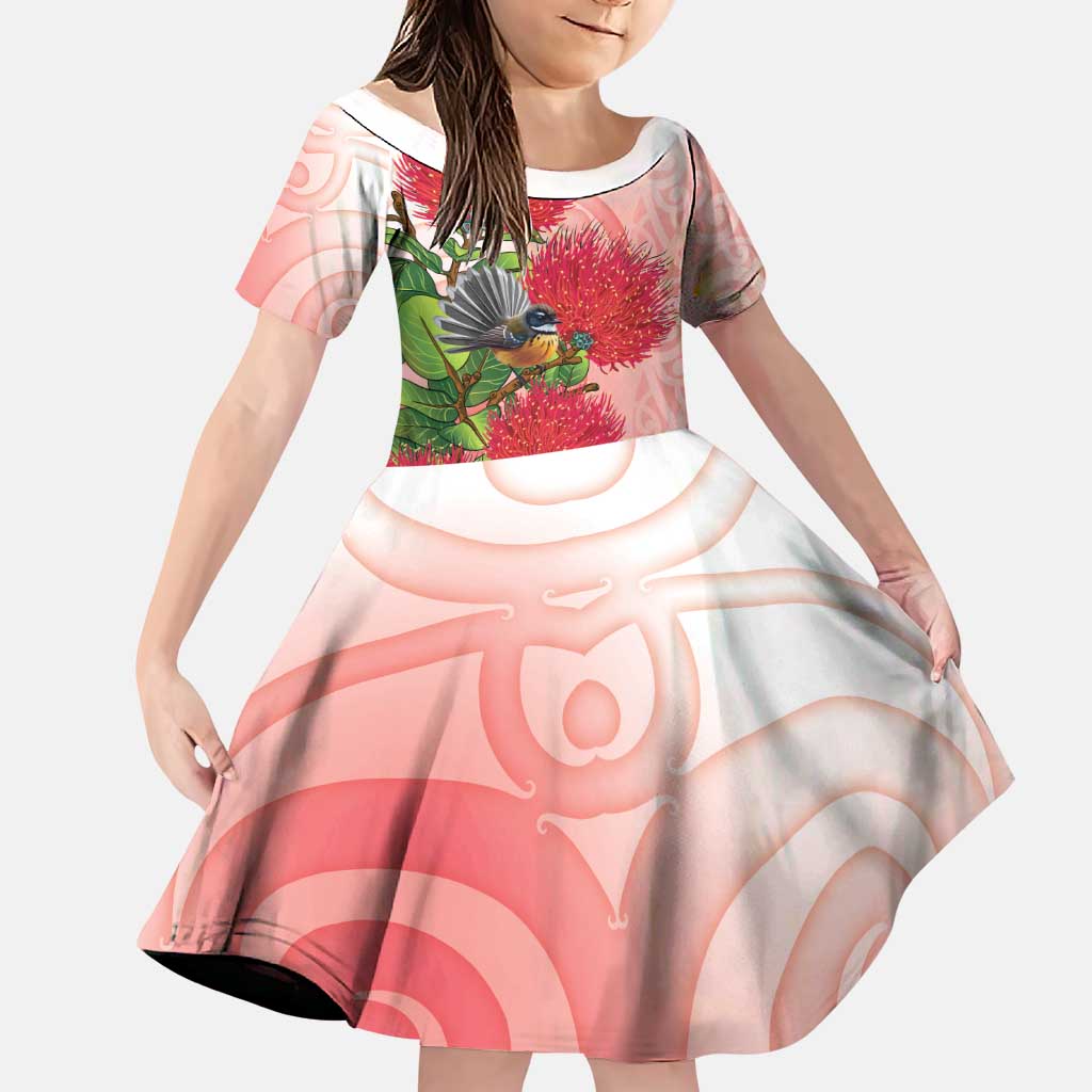 New Zealand Fantail Family Matching Long Sleeve Bodycon Dress and Hawaiian Shirt Maori Koru With Pohutukawa Flowers LT05 Daughter's Dress Red - Polynesian Pride
