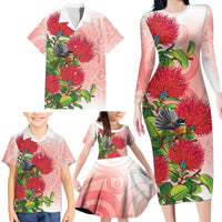 New Zealand Fantail Family Matching Long Sleeve Bodycon Dress and Hawaiian Shirt Maori Koru With Pohutukawa Flowers LT05 - Polynesian Pride