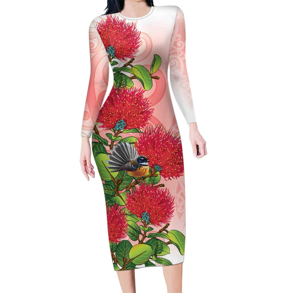 New Zealand Fantail Family Matching Long Sleeve Bodycon Dress and Hawaiian Shirt Maori Koru With Pohutukawa Flowers LT05 Mom's Dress Red - Polynesian Pride
