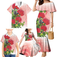New Zealand Fantail Family Matching Mermaid Dress and Hawaiian Shirt Maori Koru With Pohutukawa Flowers LT05 - Polynesian Pride