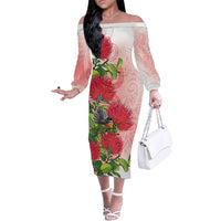 New Zealand Fantail Family Matching Off The Shoulder Long Sleeve Dress and Hawaiian Shirt Maori Koru With Pohutukawa Flowers LT05 Mom's Dress Red - Polynesian Pride