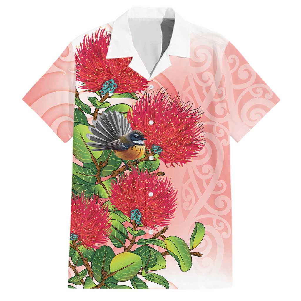 New Zealand Fantail Family Matching Off Shoulder Maxi Dress and Hawaiian Shirt Maori Koru With Pohutukawa Flowers LT05 Dad's Shirt - Short Sleeve Red - Polynesian Pride