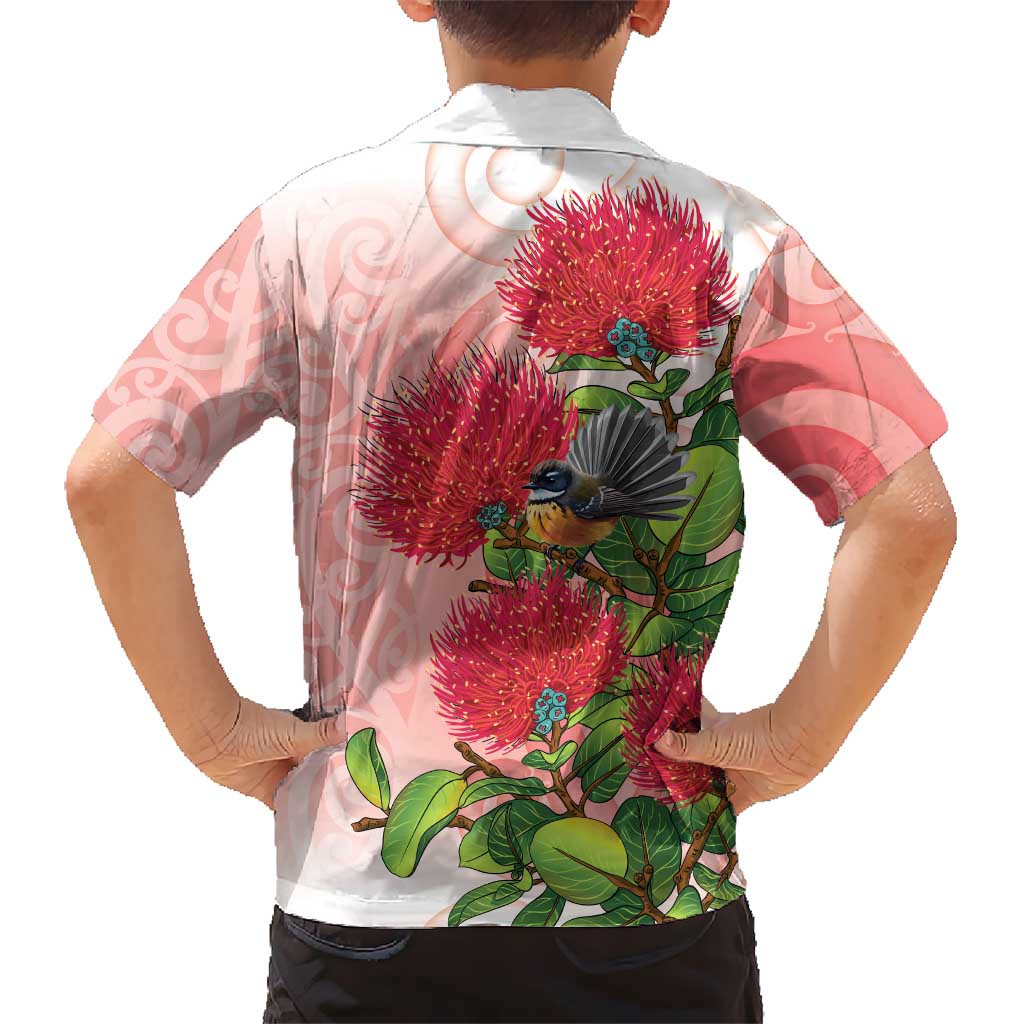 New Zealand Fantail Family Matching Puletasi and Hawaiian Shirt Maori Koru With Pohutukawa Flowers LT05 - Polynesian Pride
