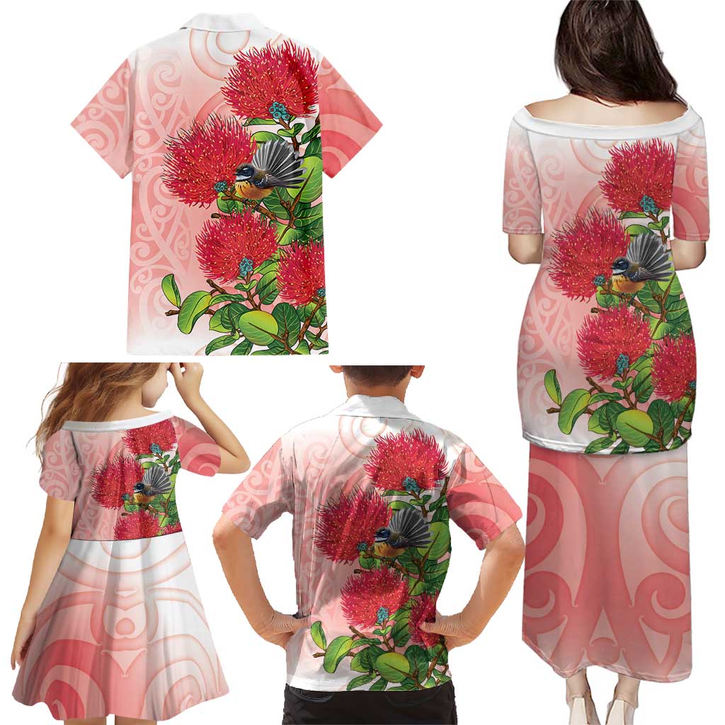 New Zealand Fantail Family Matching Puletasi and Hawaiian Shirt Maori Koru With Pohutukawa Flowers LT05 - Polynesian Pride