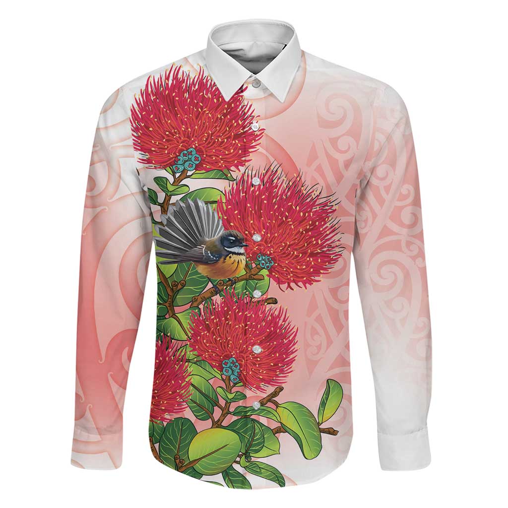 New Zealand Fantail Family Matching Puletasi and Hawaiian Shirt Maori Koru With Pohutukawa Flowers LT05 Dad's Shirt - Long Sleeve Red - Polynesian Pride