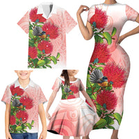 New Zealand Fantail Family Matching Short Sleeve Bodycon Dress and Hawaiian Shirt Maori Koru With Pohutukawa Flowers LT05 - Polynesian Pride