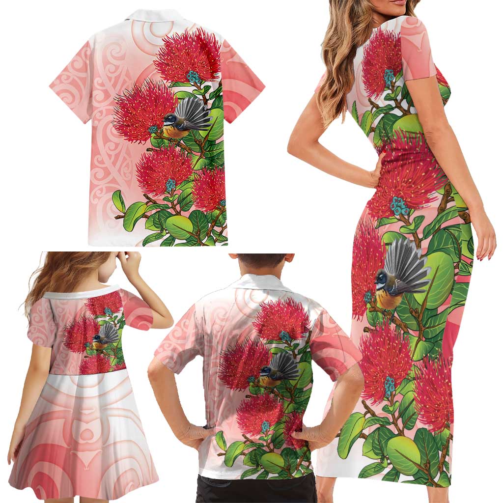New Zealand Fantail Family Matching Short Sleeve Bodycon Dress and Hawaiian Shirt Maori Koru With Pohutukawa Flowers LT05 - Polynesian Pride