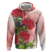 New Zealand Fantail Hoodie Maori Koru With Pohutukawa Flowers LT05 Pullover Hoodie Red - Polynesian Pride