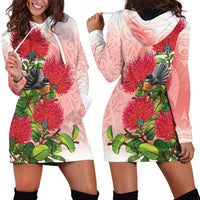 New Zealand Fantail Hoodie Dress Maori Koru With Pohutukawa Flowers LT05 - Polynesian Pride
