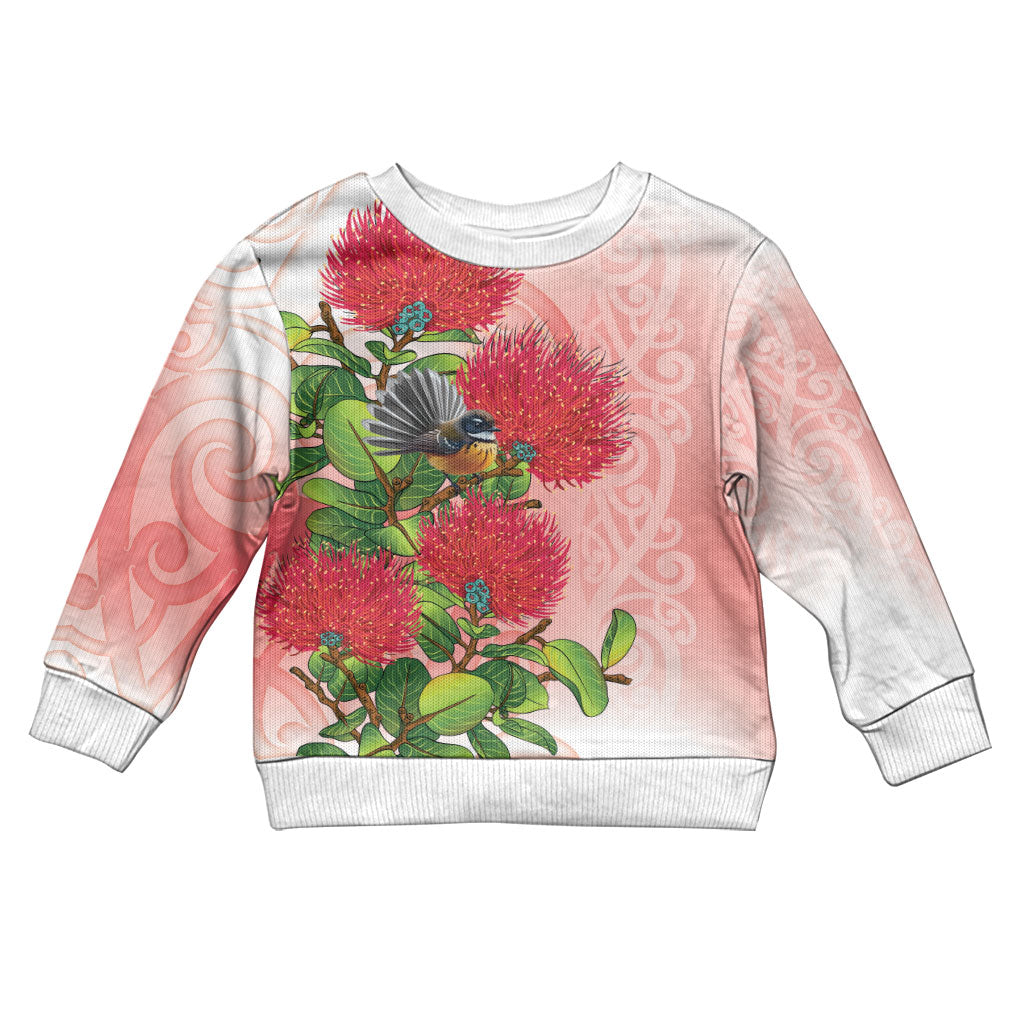 New Zealand Fantail Kid Ugly Christmas Sweater Maori Koru With Pohutukawa Flowers LT05 Kid Red - Polynesian Pride