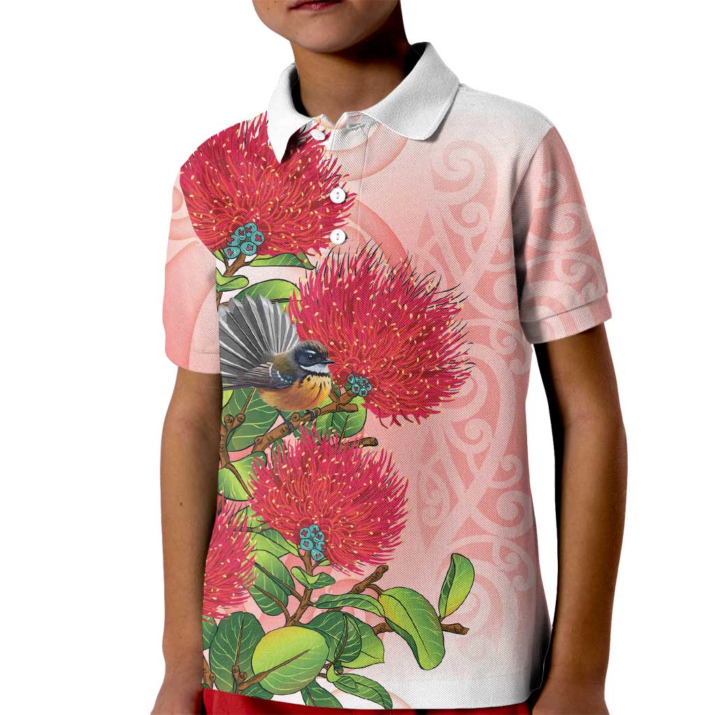 New Zealand Fantail Kid Polo Shirt Maori Koru With Pohutukawa Flowers LT05 Kid Red - Polynesian Pride