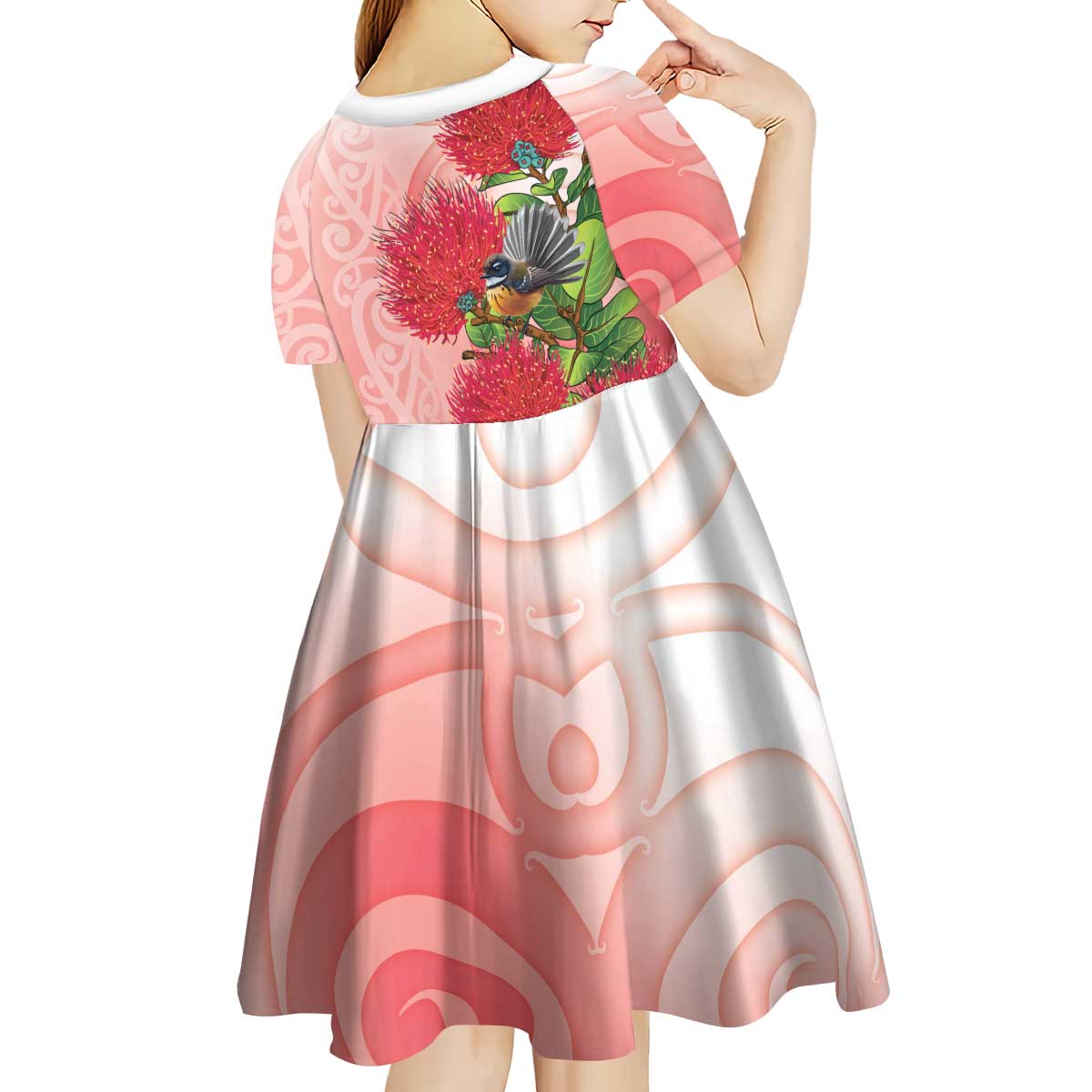 New Zealand Fantail Kid Short Sleeve Dress Maori Koru With Pohutukawa Flowers LT05 - Polynesian Pride