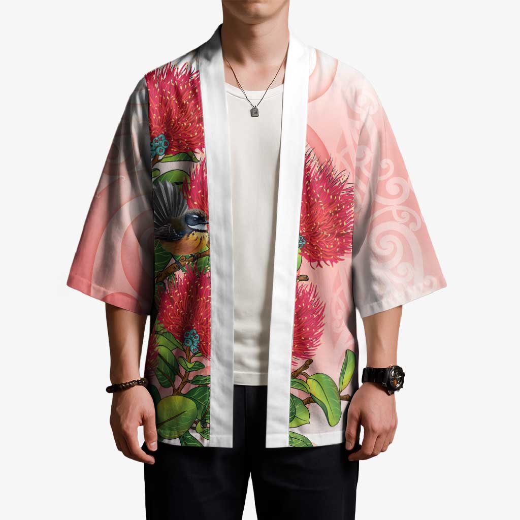 New Zealand Fantail Kimono Maori Koru With Pohutukawa Flowers - Polynesian Pride