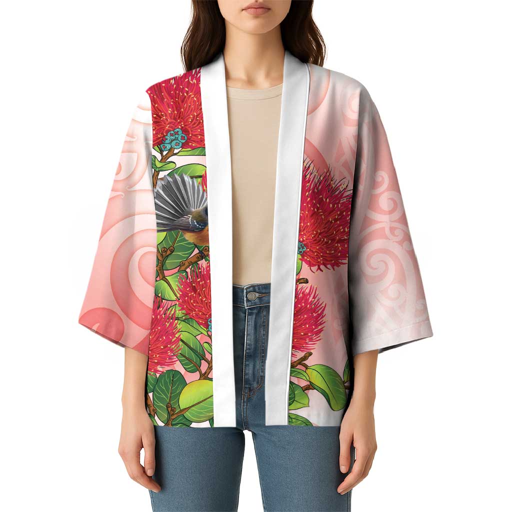 New Zealand Fantail Kimono Maori Koru With Pohutukawa Flowers - Polynesian Pride