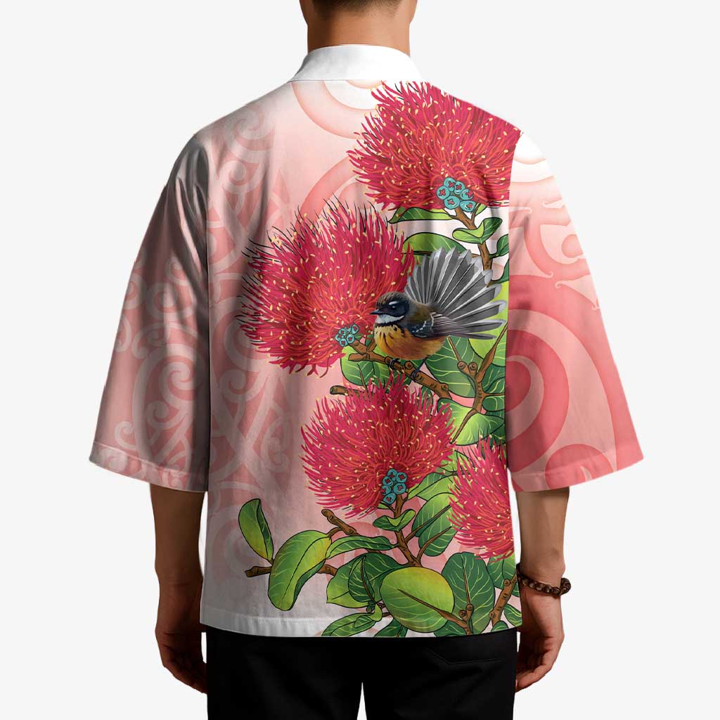 New Zealand Fantail Kimono Maori Koru With Pohutukawa Flowers - Polynesian Pride