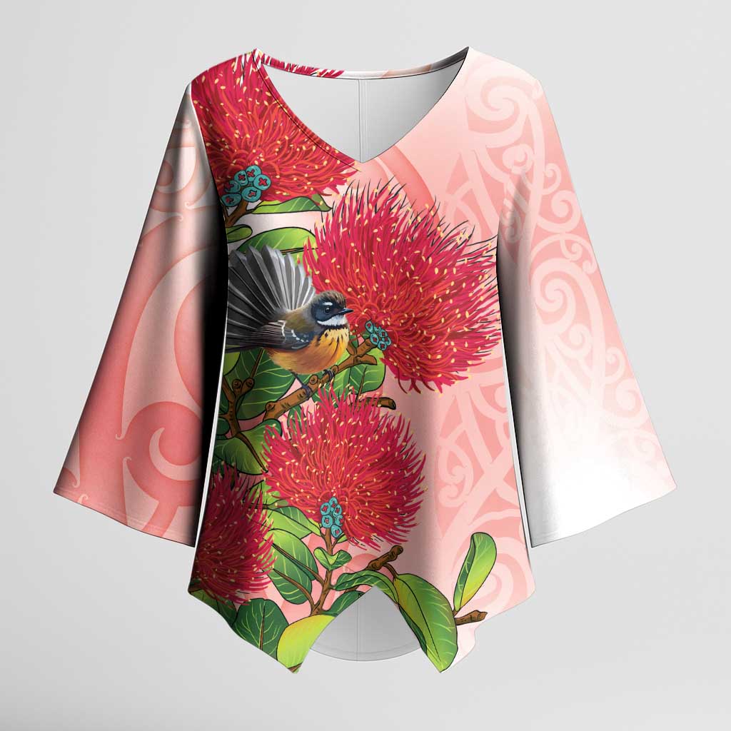 New Zealand Fantail Kimono Sleeve Blouse Maori Koru With Pohutukawa Flowers - Polynesian Pride