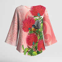 New Zealand Fantail Kimono Sleeve Blouse Maori Koru With Pohutukawa Flowers - Polynesian Pride