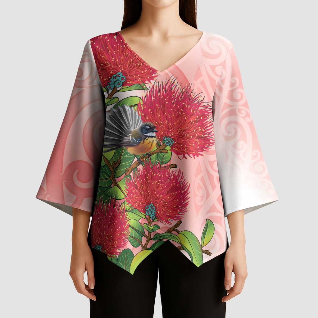 New Zealand Fantail Kimono Sleeve Blouse Maori Koru With Pohutukawa Flowers - Polynesian Pride
