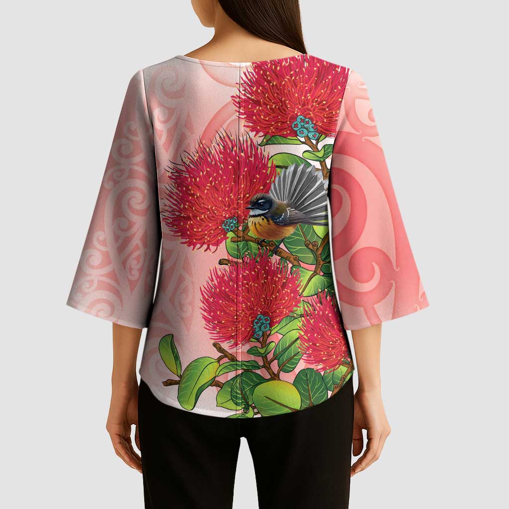 New Zealand Fantail Kimono Sleeve Blouse Maori Koru With Pohutukawa Flowers - Polynesian Pride