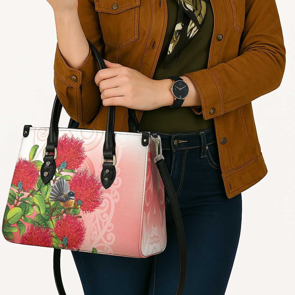 New Zealand Fantail Leather Bag Maori Koru With Pohutukawa Flowers - Polynesian Pride