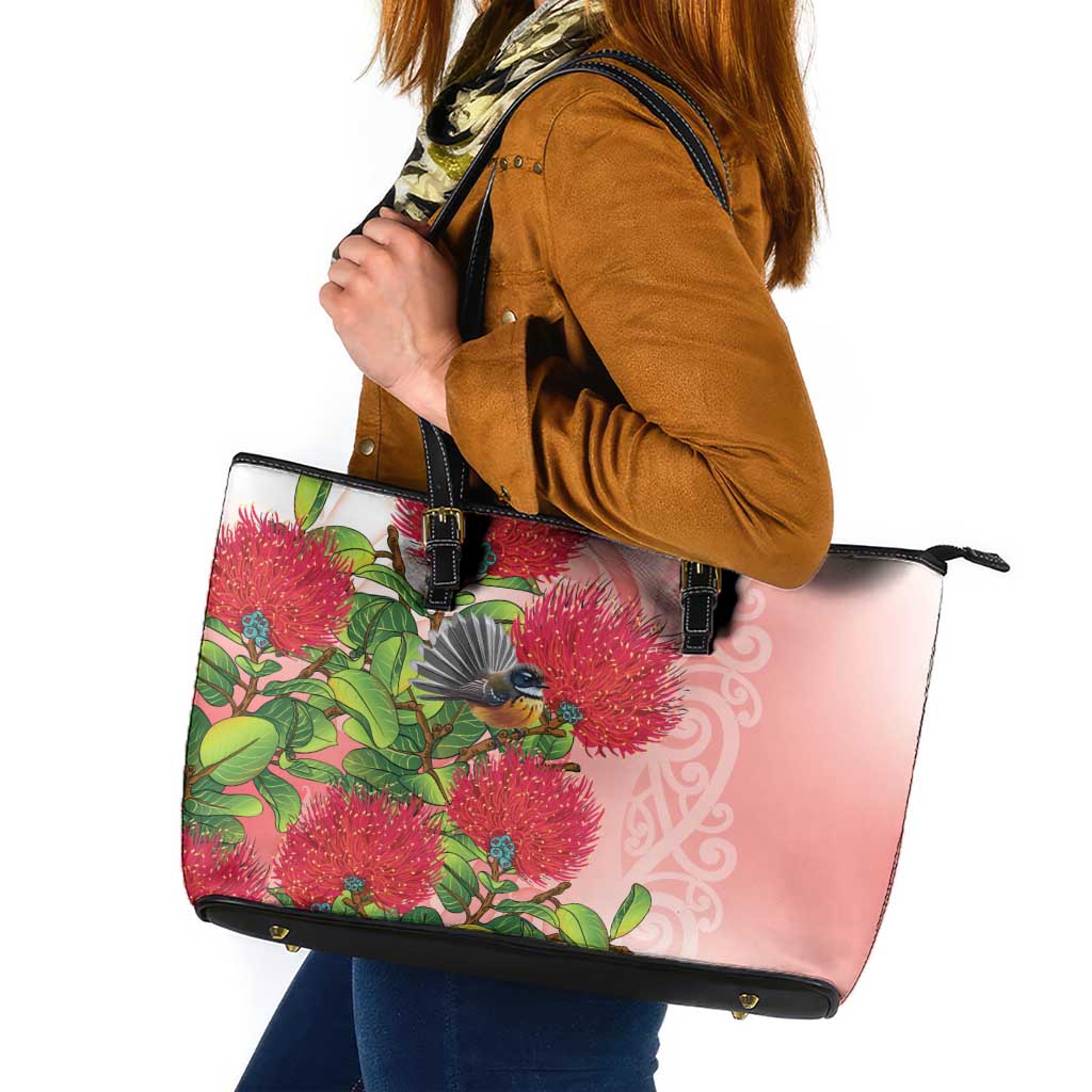New Zealand Fantail Leather Tote Bag Maori Koru With Pohutukawa Flowers - Polynesian Pride