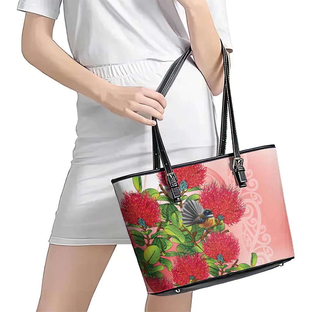 New Zealand Fantail Leather Tote Bag Maori Koru With Pohutukawa Flowers - Polynesian Pride