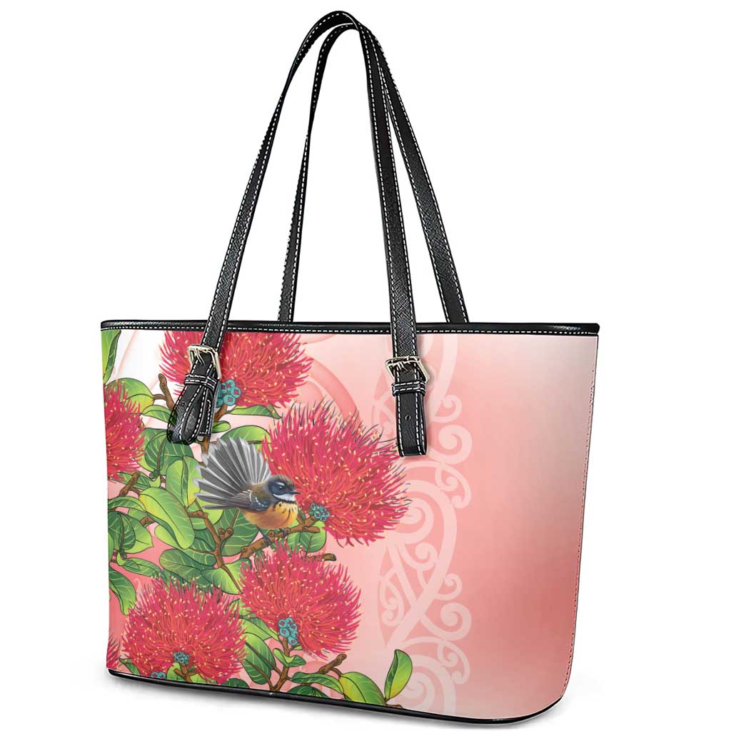New Zealand Fantail Leather Tote Bag Maori Koru With Pohutukawa Flowers - Polynesian Pride
