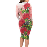 New Zealand Fantail Long Sleeve Bodycon Dress Maori Koru With Pohutukawa Flowers LT05 - Polynesian Pride