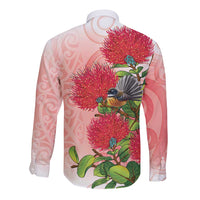 New Zealand Fantail Long Sleeve Button Shirt Maori Koru With Pohutukawa Flowers - Polynesian Pride