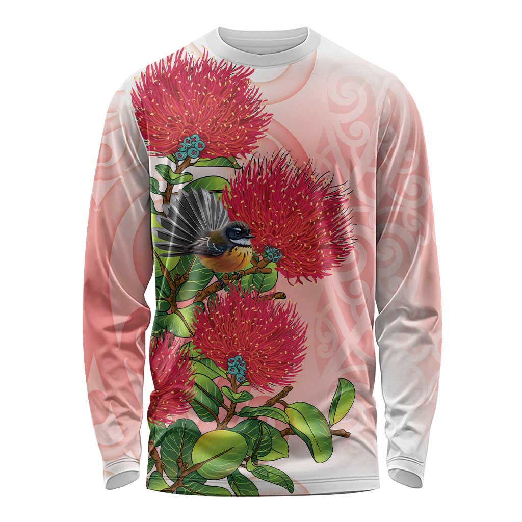 New Zealand Fantail Long Sleeve Shirt Maori Koru With Pohutukawa Flowers LT05 Unisex Red - Polynesian Pride