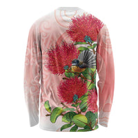 New Zealand Fantail Long Sleeve Shirt Maori Koru With Pohutukawa Flowers LT05 - Polynesian Pride
