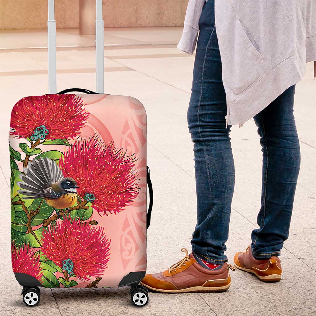 New Zealand Fantail Luggage Cover Maori Koru With Pohutukawa Flowers LT05 Red - Polynesian Pride