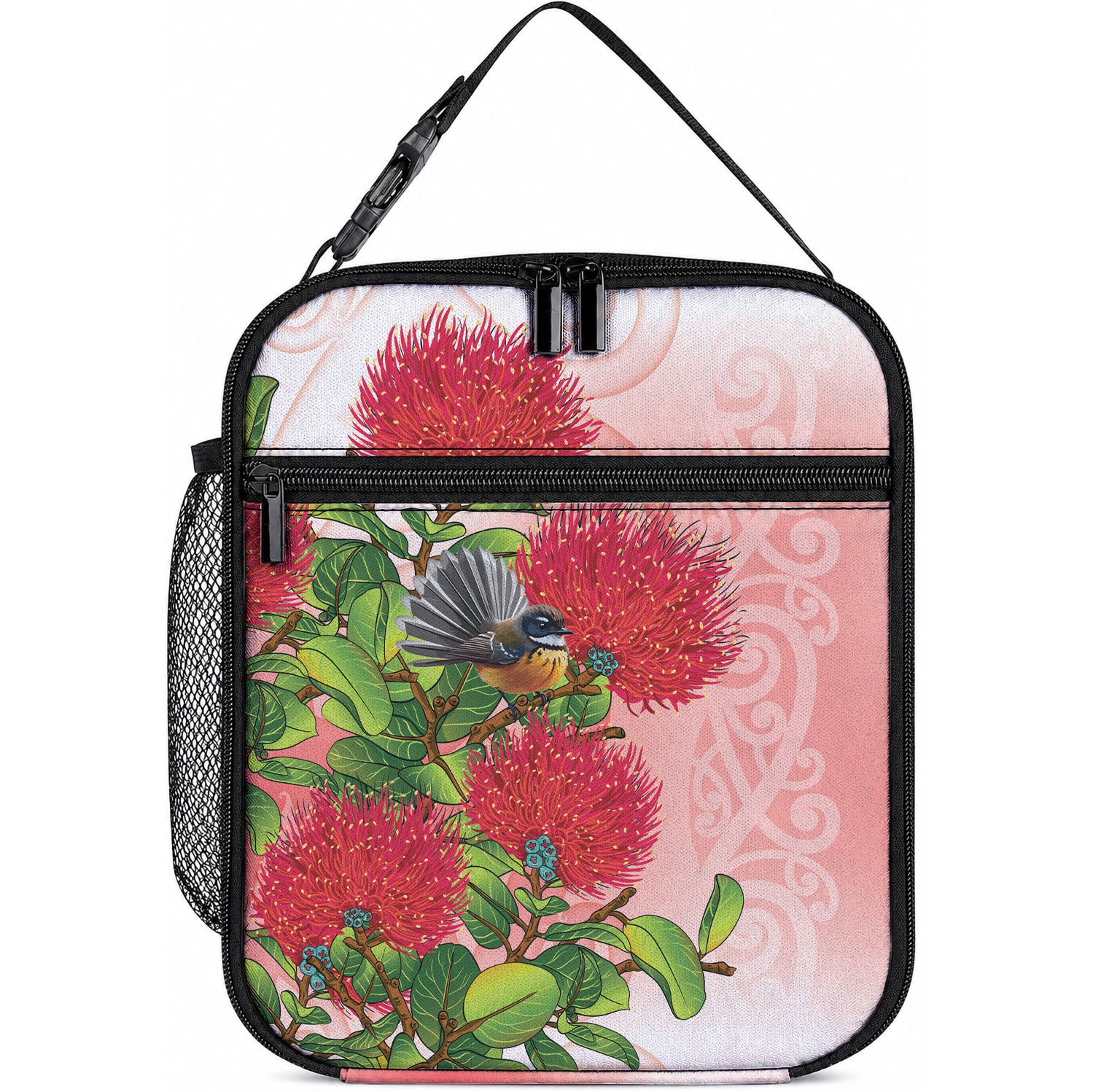New Zealand Fantail Lunch Bag Maori Koru With Pohutukawa Flowers LT05 10.2 × 8.3 × 4.3 inch Red - Polynesian Pride