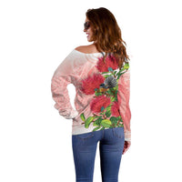 New Zealand Fantail Off Shoulder Sweater Maori Koru With Pohutukawa Flowers - Polynesian Pride