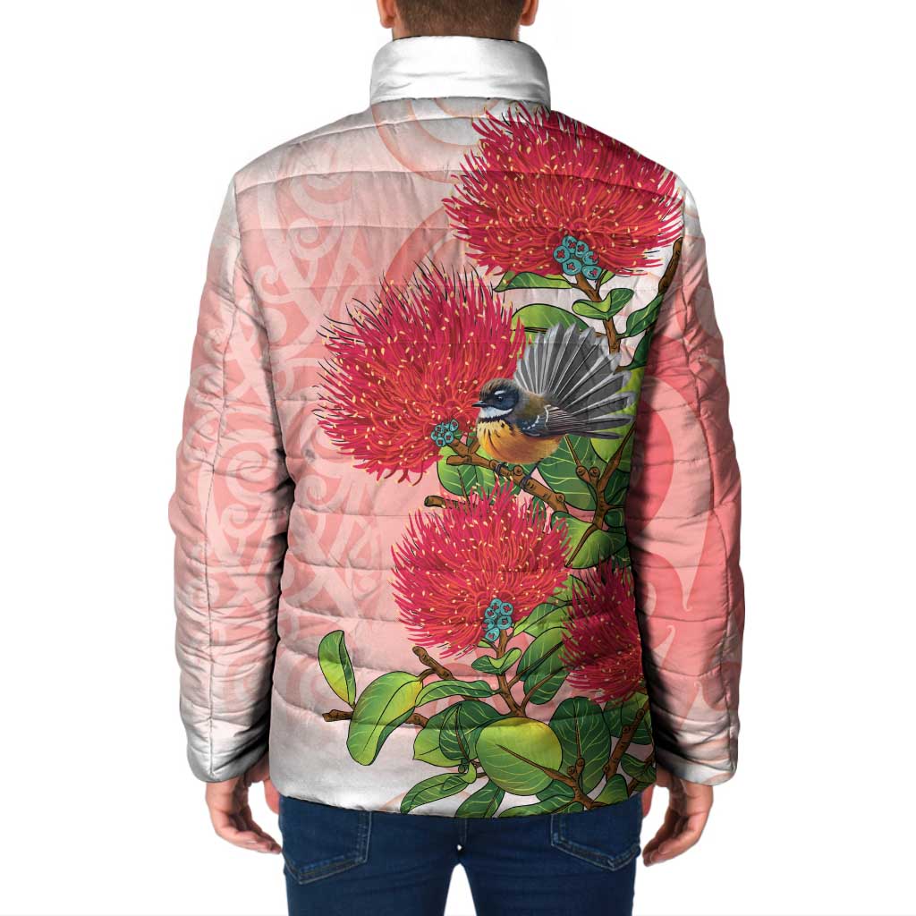 New Zealand Fantail Padded Jacket Maori Koru With Pohutukawa Flowers - Polynesian Pride
