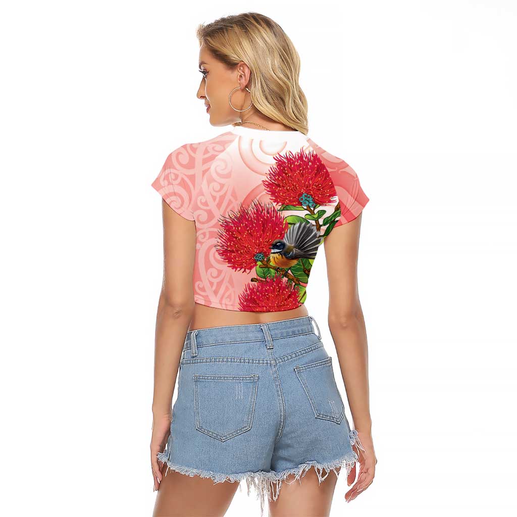 New Zealand Fantail Raglan Cropped T Shirt Maori Koru With Pohutukawa Flowers LT05 - Polynesian Pride