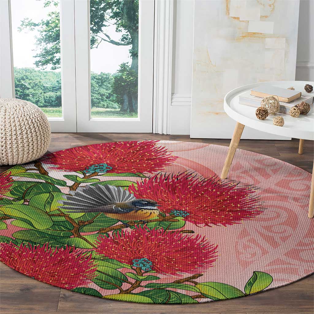 New Zealand Fantail Round Carpet Maori Koru With Pohutukawa Flowers - Polynesian Pride