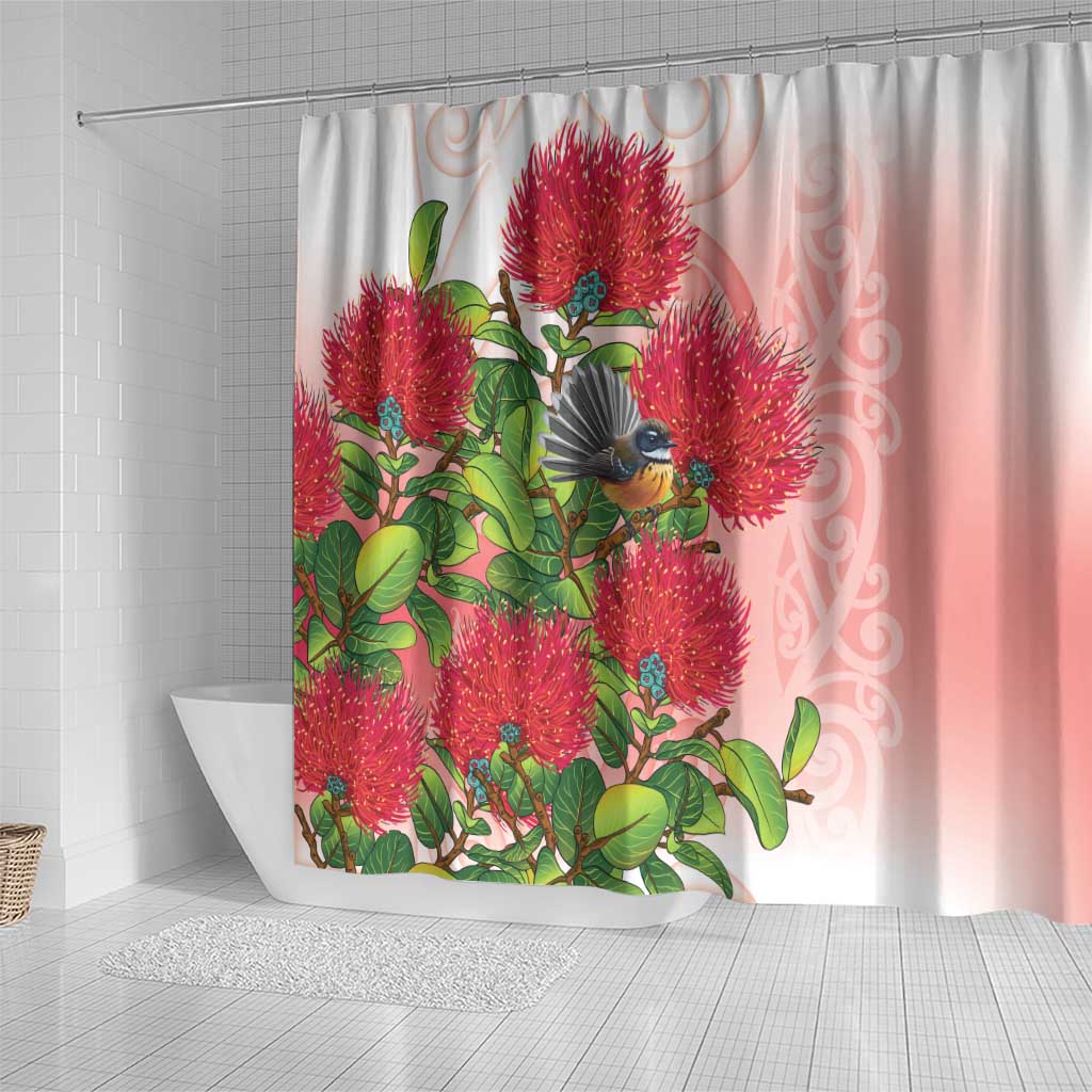 New Zealand Fantail Shower Curtain Maori Koru With Pohutukawa Flowers - Polynesian Pride