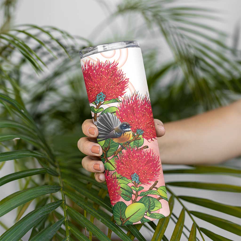 New Zealand Fantail Skinny Tumbler Maori Koru With Pohutukawa Flowers LT05 - Polynesian Pride