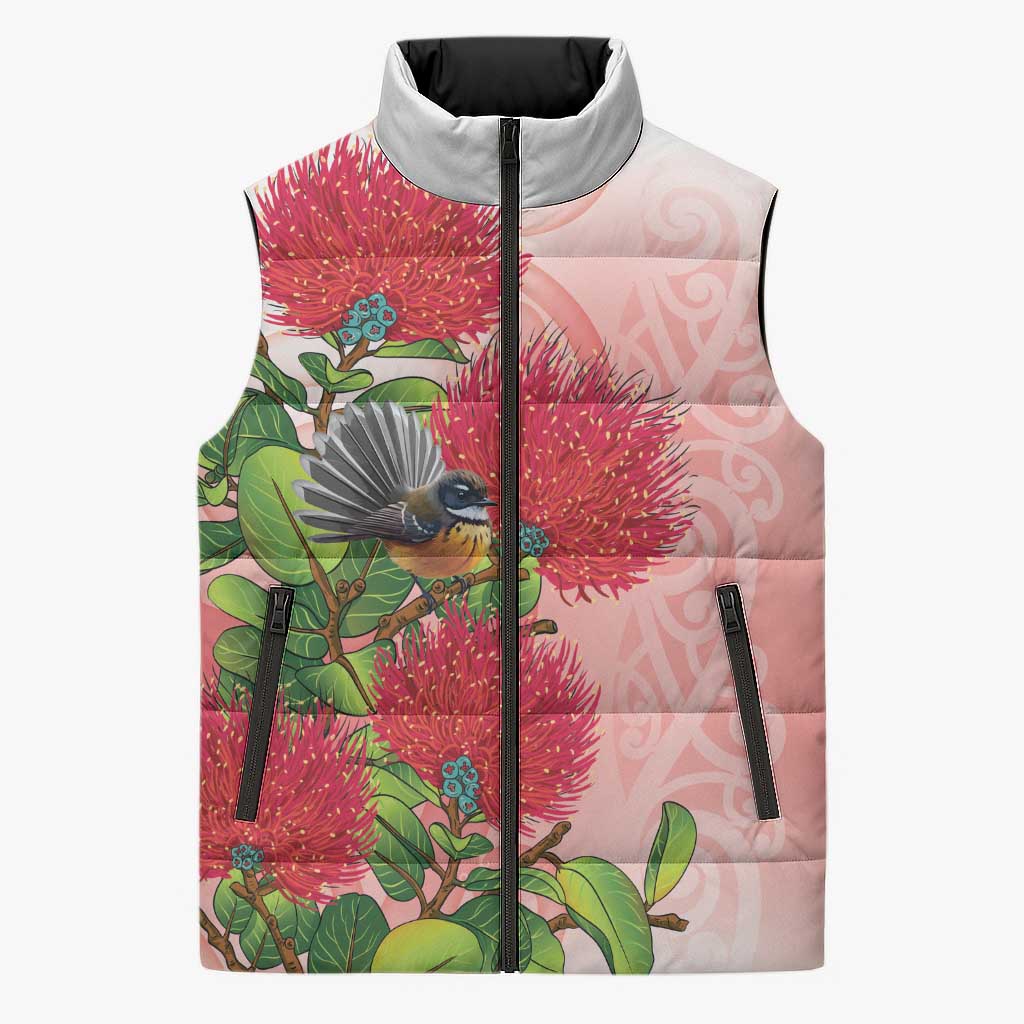 New Zealand Fantail Sleeveless Puffer Jacket Maori Koru With Pohutukawa Flowers - Polynesian Pride