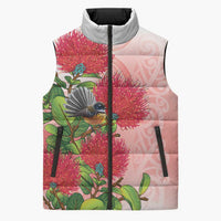 New Zealand Fantail Sleeveless Puffer Jacket Maori Koru With Pohutukawa Flowers - Polynesian Pride