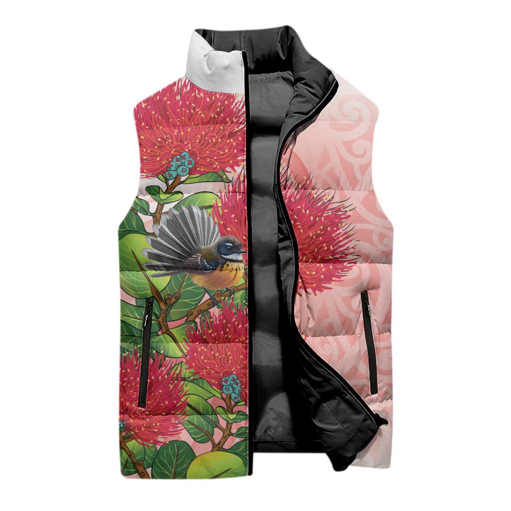 New Zealand Fantail Sleeveless Puffer Jacket Maori Koru With Pohutukawa Flowers - Polynesian Pride