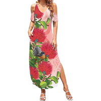 New Zealand Fantail Summer Maxi Dress Maori Koru With Pohutukawa Flowers LT05 Women Red - Polynesian Pride