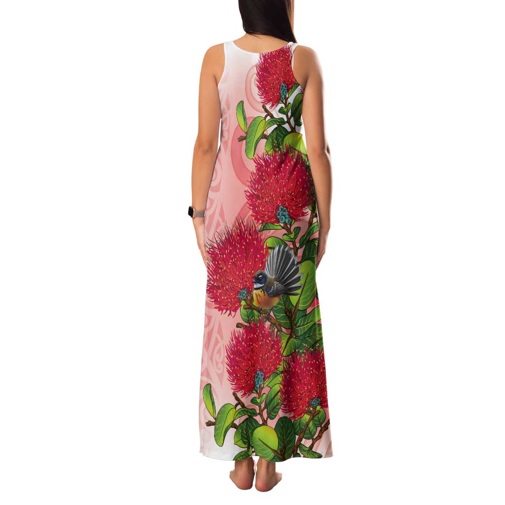 New Zealand Fantail Tank Maxi Dress Maori Koru With Pohutukawa Flowers LT05 - Polynesian Pride