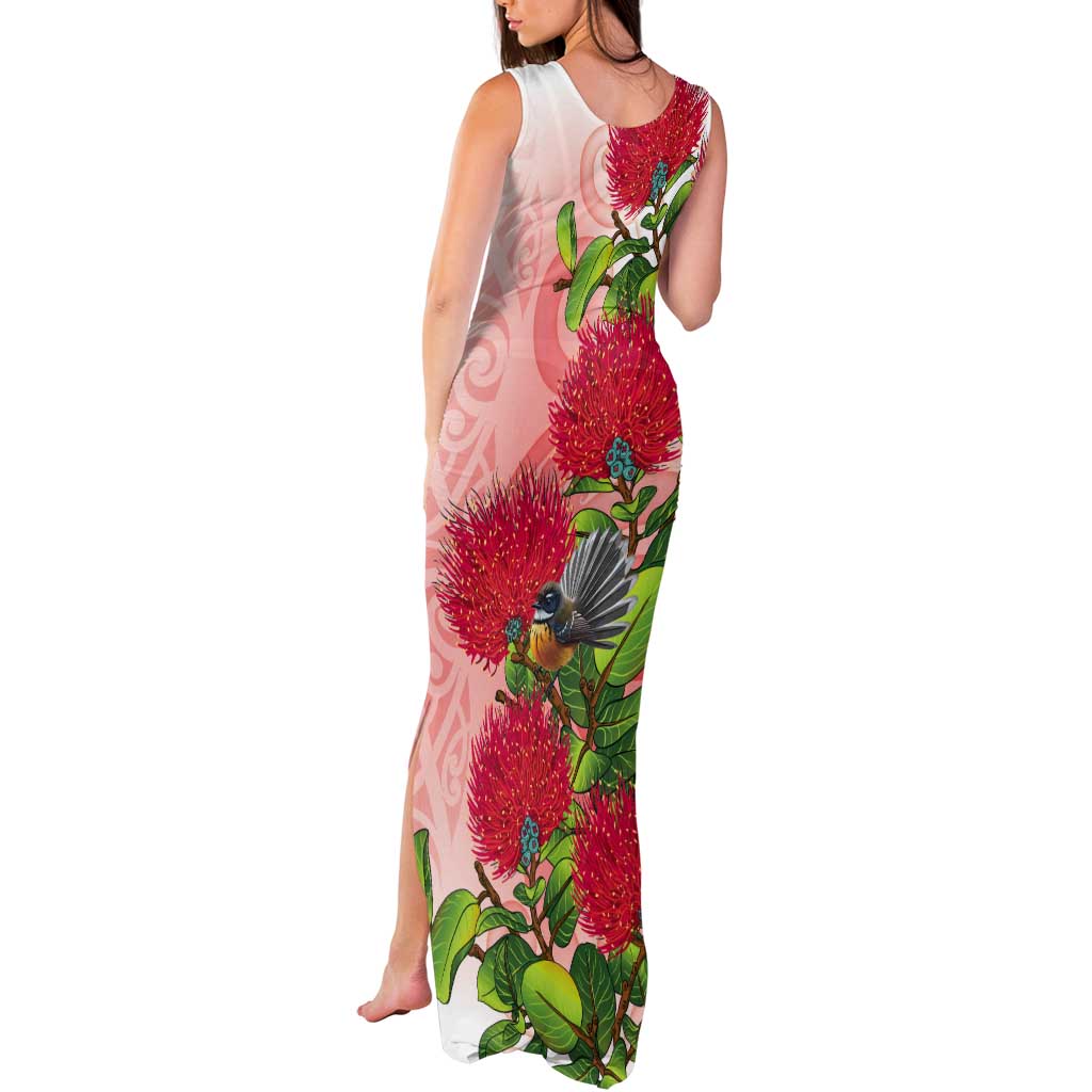 New Zealand Fantail Tank Maxi Dress Maori Koru With Pohutukawa Flowers LT05 - Polynesian Pride
