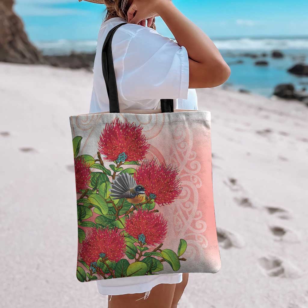 New Zealand Fantail Tote Bag Maori Koru With Pohutukawa Flowers - Polynesian Pride