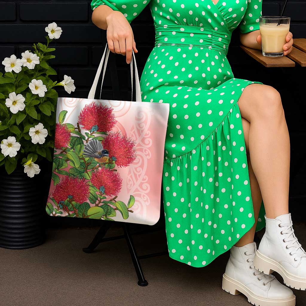 New Zealand Fantail Tote Bag Maori Koru With Pohutukawa Flowers - Polynesian Pride